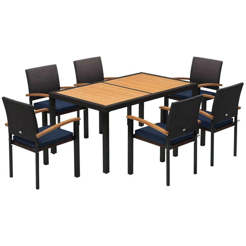 Outsunny Patio Table and Chairs Outdoor Dining Set w/ Acacia Wood Table Top, Cushions, for Backyard, Balcony, Garden, Black