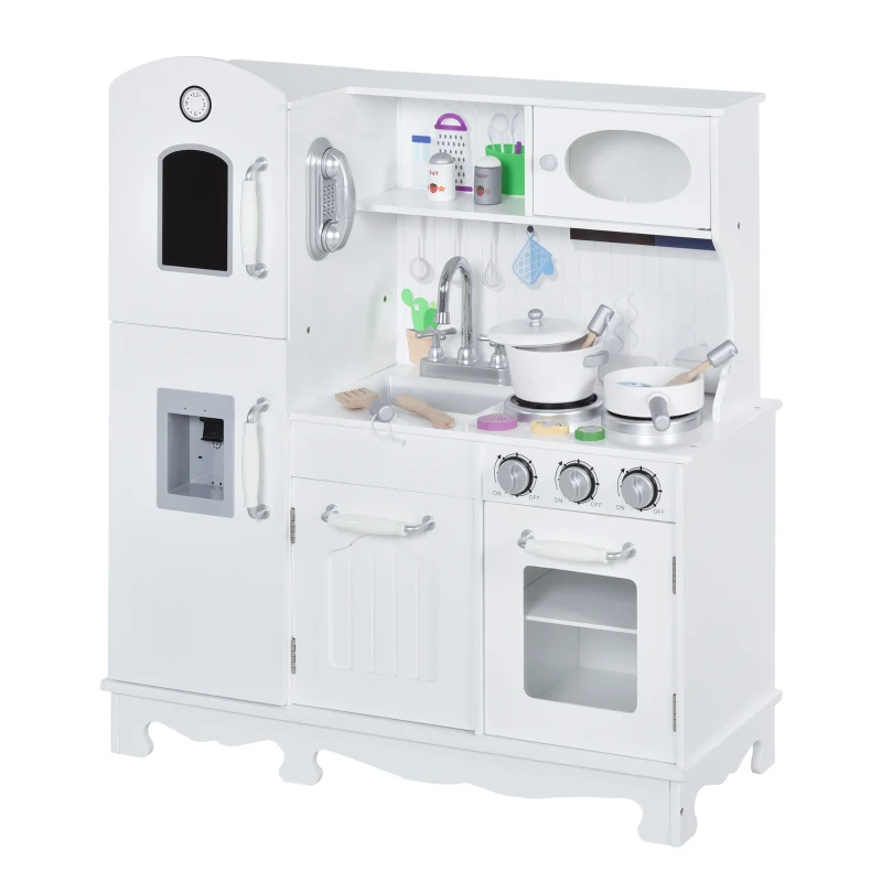 Qaba Kids Kitchen Playset with Telephone, Wooden Kitchenette for kids with Cookware, Storage Cabinet, Water Dispenser, Blackboard, Toddler Pretend Play Kitchen with Cooking Accessories for Aged 3+