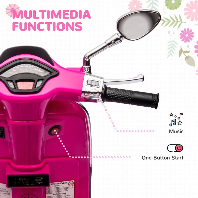Qaba Vespa Licensed Kids Motorcycle 6V Toddler Motorcycle with Music, FM Radio, Headlight, Pink