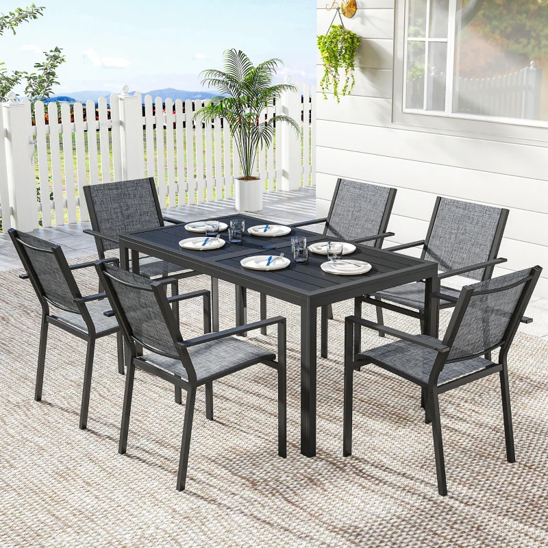Outsunny Outdoor Dining Set for 6, Faux Wood Metal Patio Table and Mesh Stackable Chairs with Umbrella Hole, Black