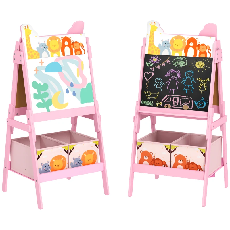 Qaba Doubel-Sided Easel for Kids w/ Whiteboard, Chalkboard, Storage Boxes, Blue