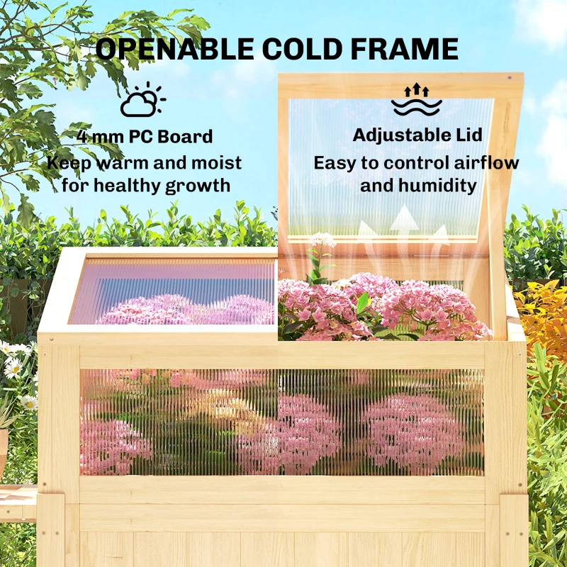 Outsunny Raised Garden Bed Planter with Cold Frame, Wooden Elevated Planter Box with Folding Side Table and Shelf, Natural Wood