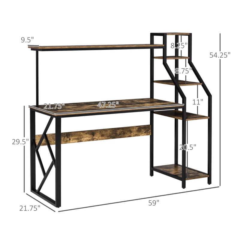 HOMCOM 59" Computer Desk with Storage Shelves, Study Writing Table for Home Office, Industrial Modern Workstation, Rustic Brown