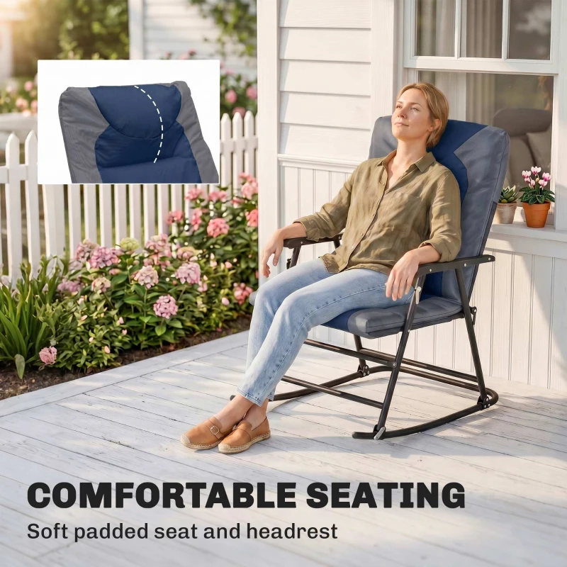 Outsunny 3pc Patio Foldable Rocking Chair Set, Outdoor Rocking Chairs and Table Bistro Set w/ Padded Seat, Headrest, Backrest for park, backyard, garden, Blue