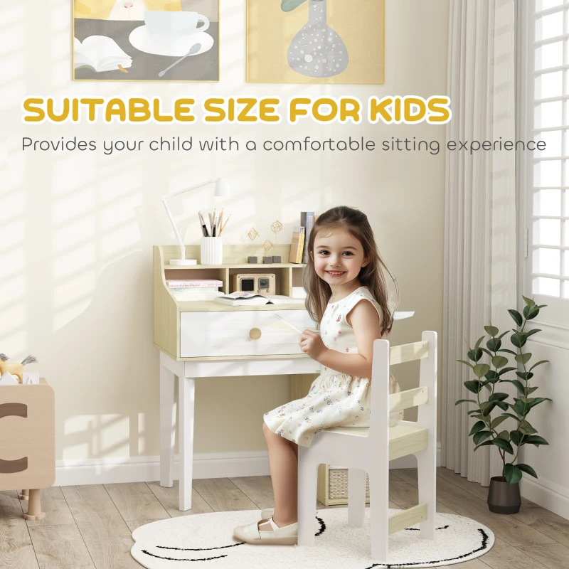 Qaba Kids Desk and Chair Set with Storage Shelves, Drawer for 3-10 Years, White