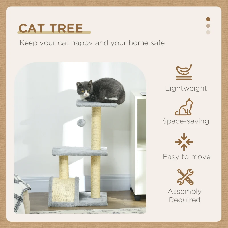 PawHut 28" Cat Tree with Scratching Post, Pad, Toy Ball for Indoor Cats, Light Grey