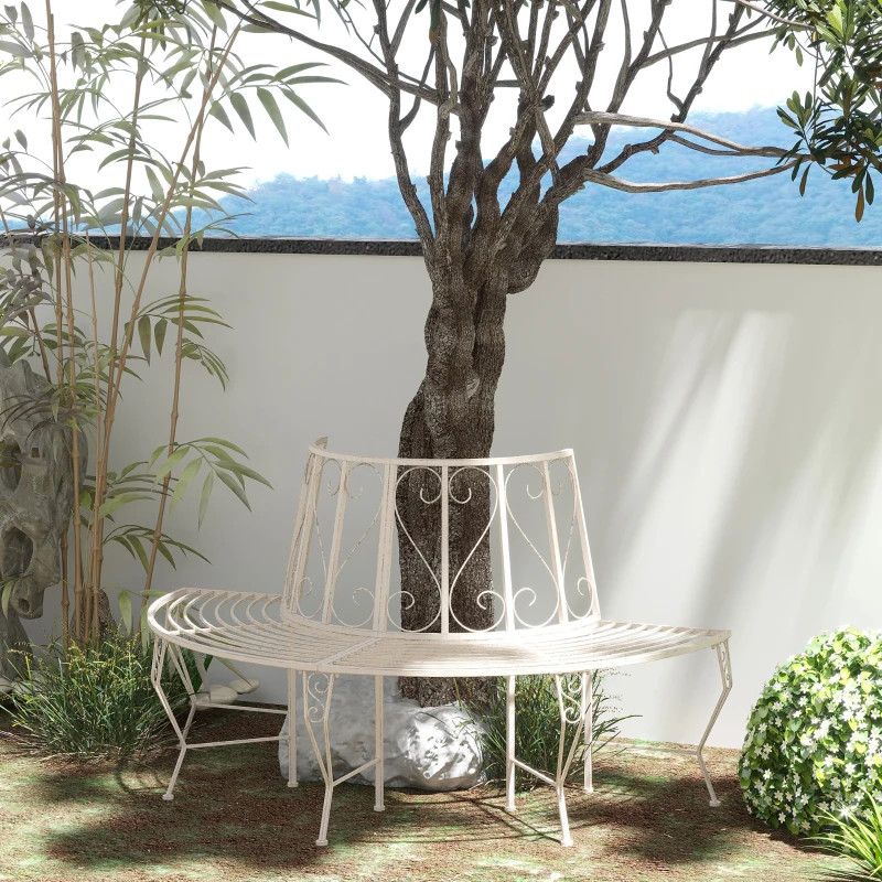 Outsunny Garden Half Round Tree Bench Antique 4-Seat Semi-circular Bench for Backyard, Park, Party, White
