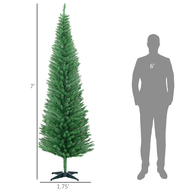 HOMCOM 7ft Unlit Pencil Artificial Christmas Tree with Realistic Branches and 499 Tips, Plastic Base, Light Green