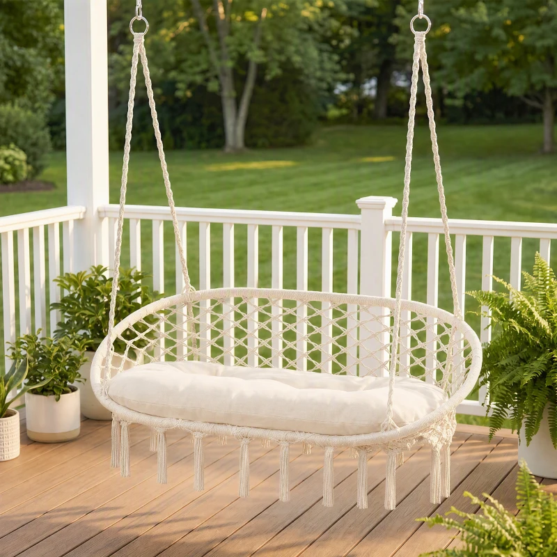 Outsunny 2-Person Hammock Chair Macrame Swing with Soft Cushion, Hanging Cotton Rope Chair for Indoor Outdoor Home Patio Backyard, White
