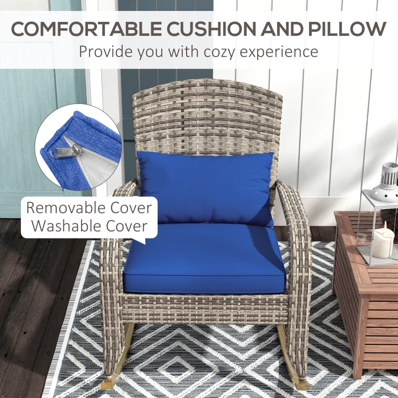 Outsunny Adirondack Chair, Outdoor Wicker Rocking Chair with High Back, Seat Cushion, and Pillow for Porch, Balcony, Dark Blue
