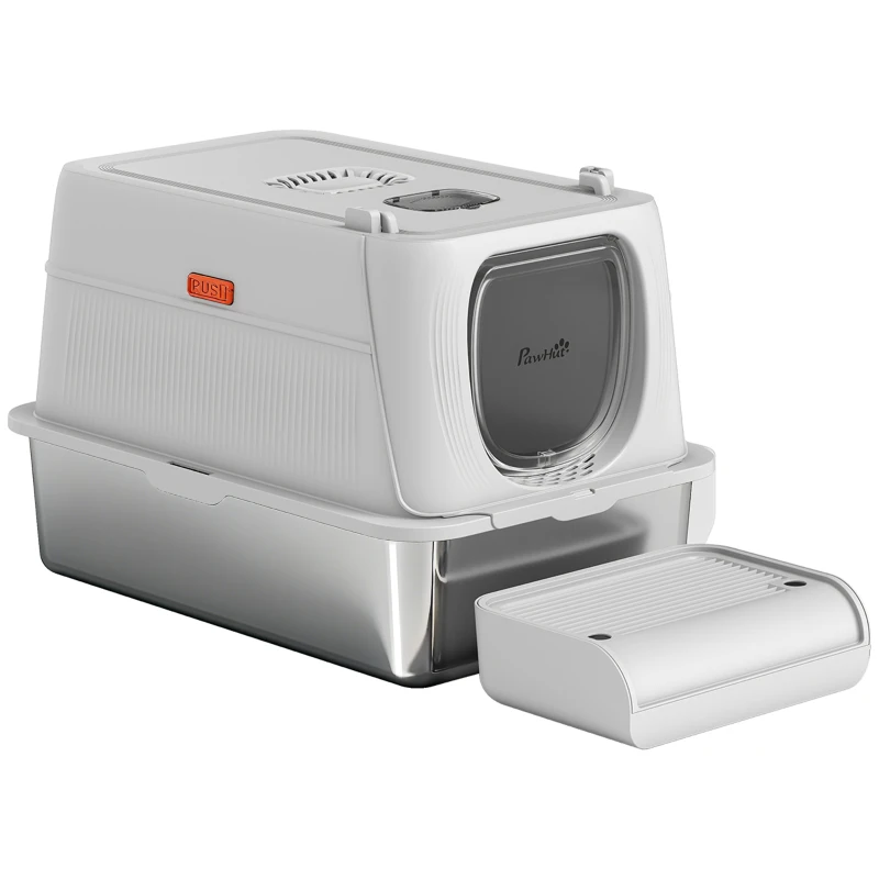 PawHut XL Stainless Steel Cat Litter Box, Kitty Litter Box with Flip Cover, Pedal, Deodorizer, for Big Cats
