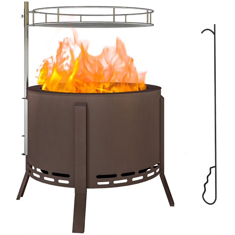 Outsunny 2-in-1 Smokeless Fire Pit BBQ Grill Portable Camping Bonfire Stove with Poker, Steel, Bronze