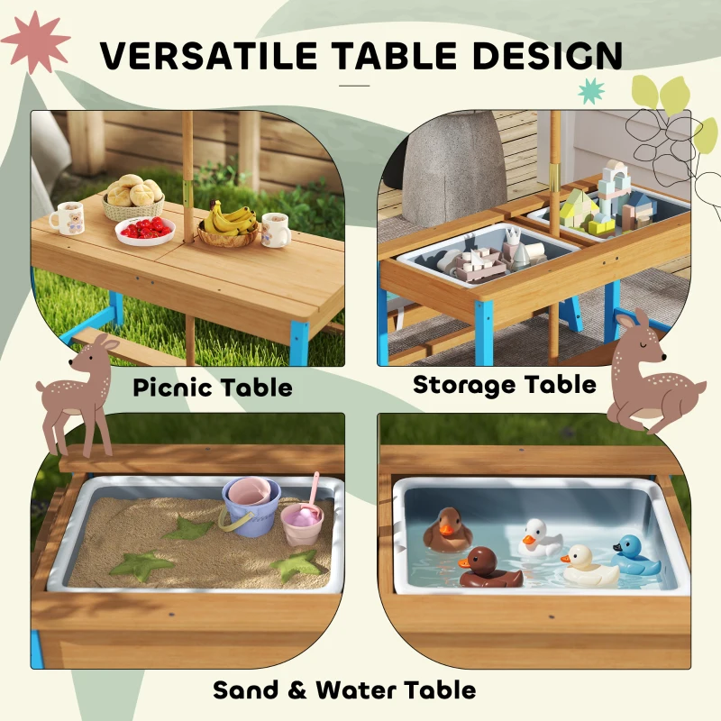 Qaba Kids Picnic Table Set with Foldable Umbrella, Removable Cushions & Boxes, Dinosaur Theme, Blue