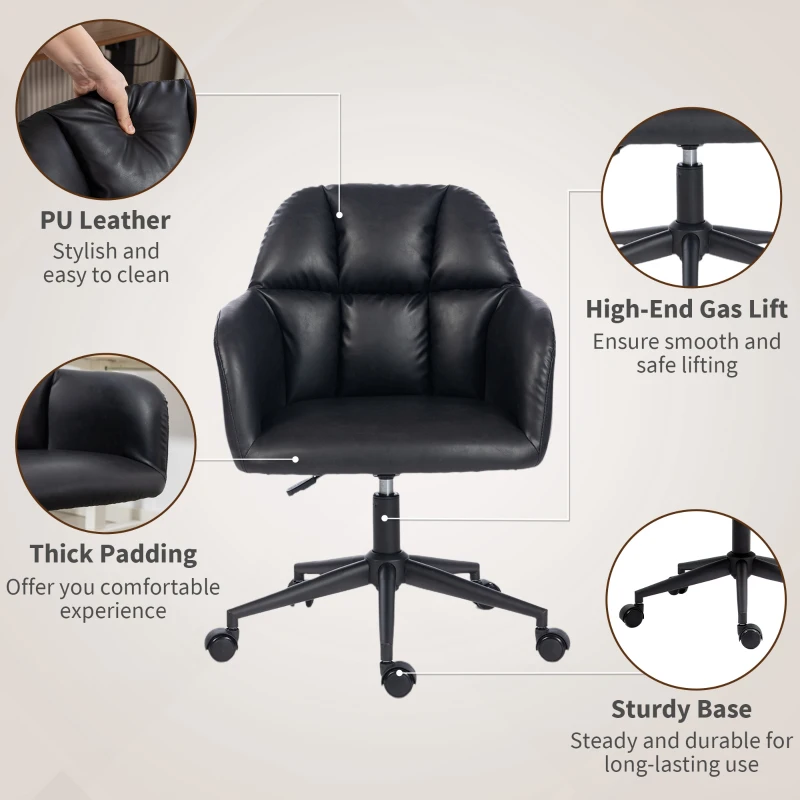 HOMCOM Swivel Office Chair, Faux Leather Desk Chair with Adjustable Height for Living Room, Bedroom, Study, Black