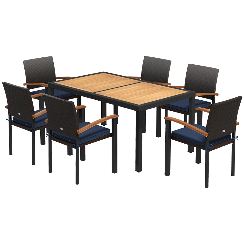 Outsunny Patio Table and Chairs Outdoor Dining Set w/ Acacia Wood Table Top, Cushions, for Backyard, Balcony, Garden, Black