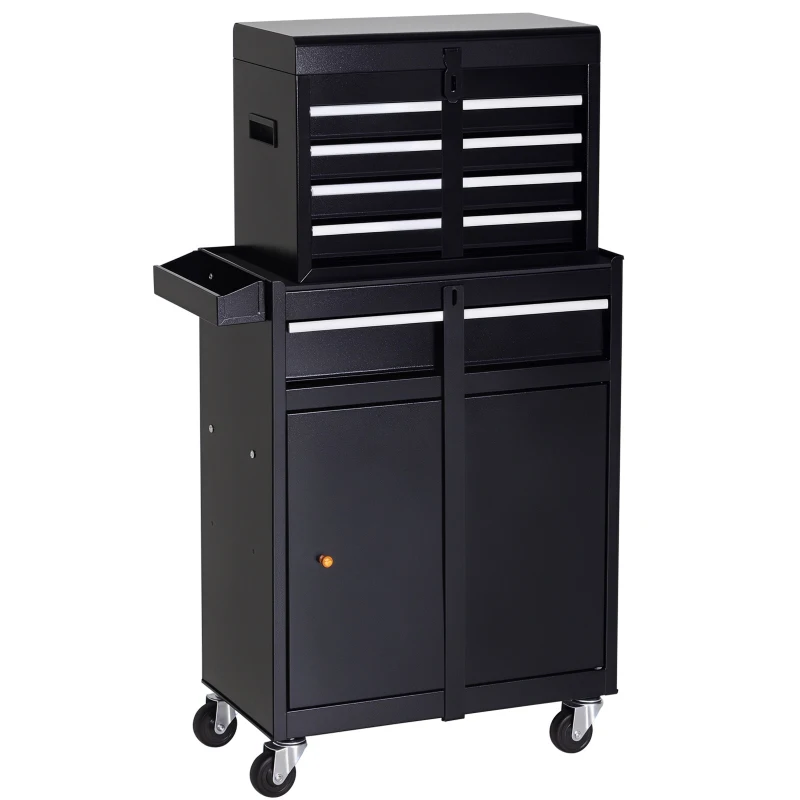DURHAND Rolling Tool Cabinet 2 in 1 Top Chest Storage Box 5 Drawers with Pegboard and Adjustable Shelf, Black
