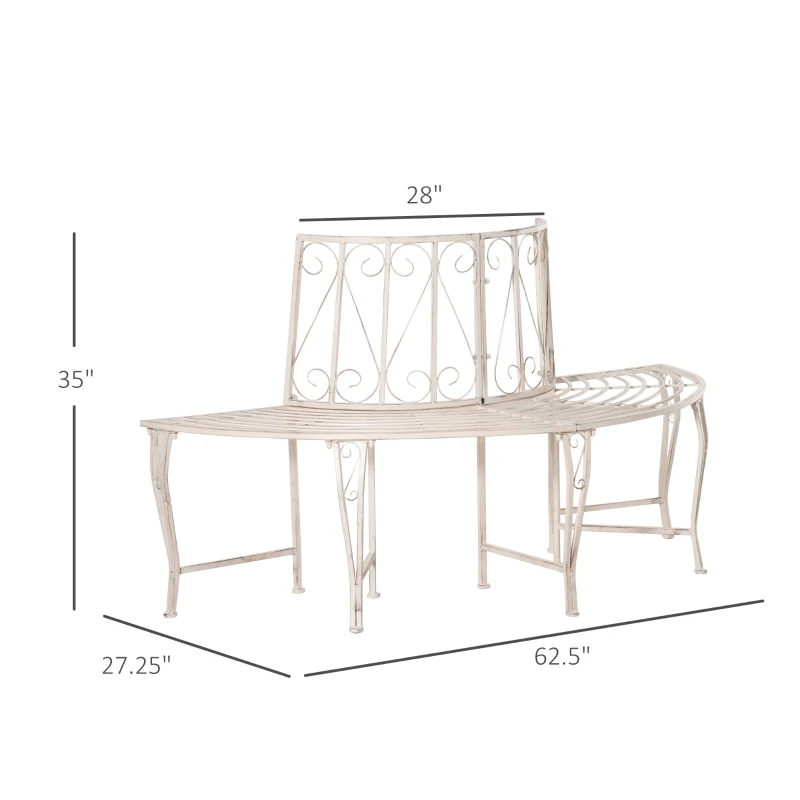 Outsunny Garden Half Round Tree Bench Antique 4-Seat Semi-circular Bench for Backyard, Park, Party, White