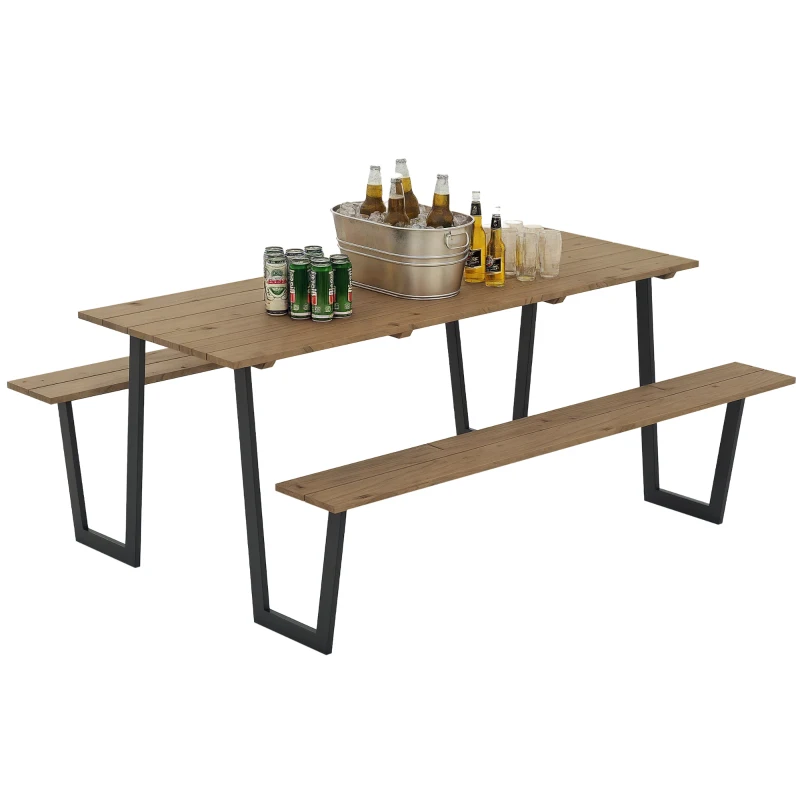 Outsunny 5.7 FT Outdoor Picnic Table with 2" Umbrella Hole, Spruce Wood Dining Table and 795 LBS Benches with Steel Frame, Brown