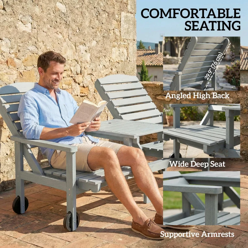Outsunny Outdoor Bench with Wheels and 3-Position Adjustable High Back, 2 Seater Outdoor Loveseat with Umbrella Hole, Grey