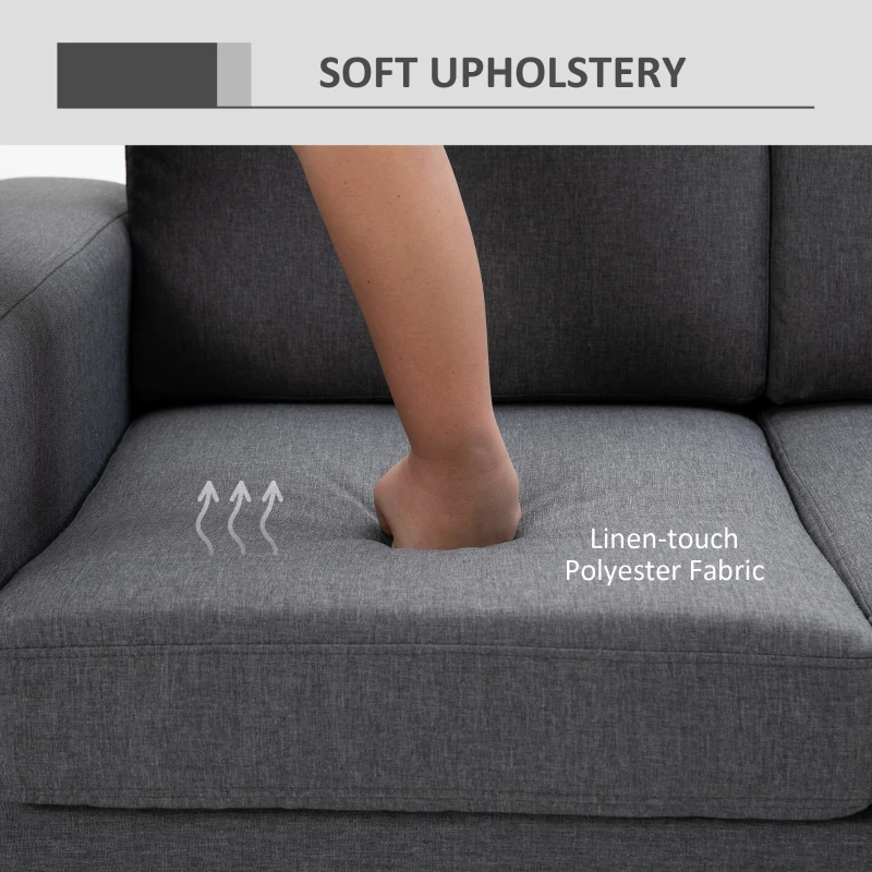 HOMCOM 3 Seater Sofa, Linen Upholstered Cozy Padded Couch with Steel Leg, Backrest and Wide Armrest, for Living room, Bedroom, Dark Grey