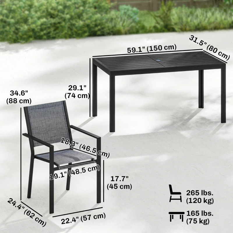 Outsunny Outdoor Dining Set for 6, Faux Wood Metal Patio Table and Mesh Stackable Chairs with Umbrella Hole, Black