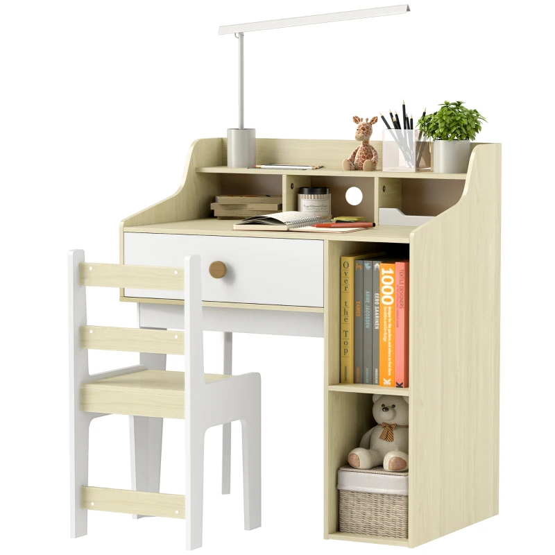 Qaba Kids Desk and Chair Set with Storage Shelves, Drawer for 3-10 Years, White