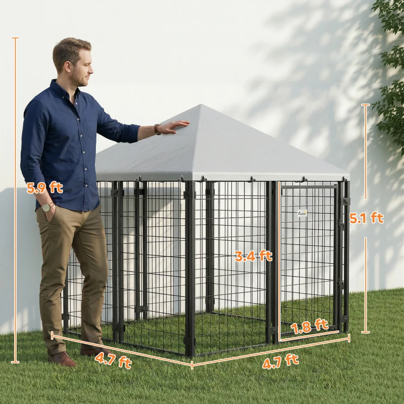 PawHut Lockable Dog House Kennel with Water-resistant Roof for Small and Medium Sized Pets, 4.7' x 4.7' x 5.1', Silver