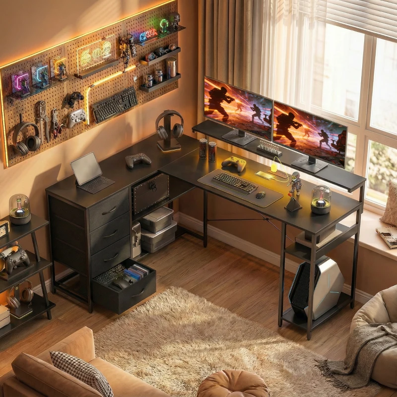 HOMCOM Gaming Desk with Power Outlets LED Lights Computer Desk with Drawers Monitor Stand 61" Black