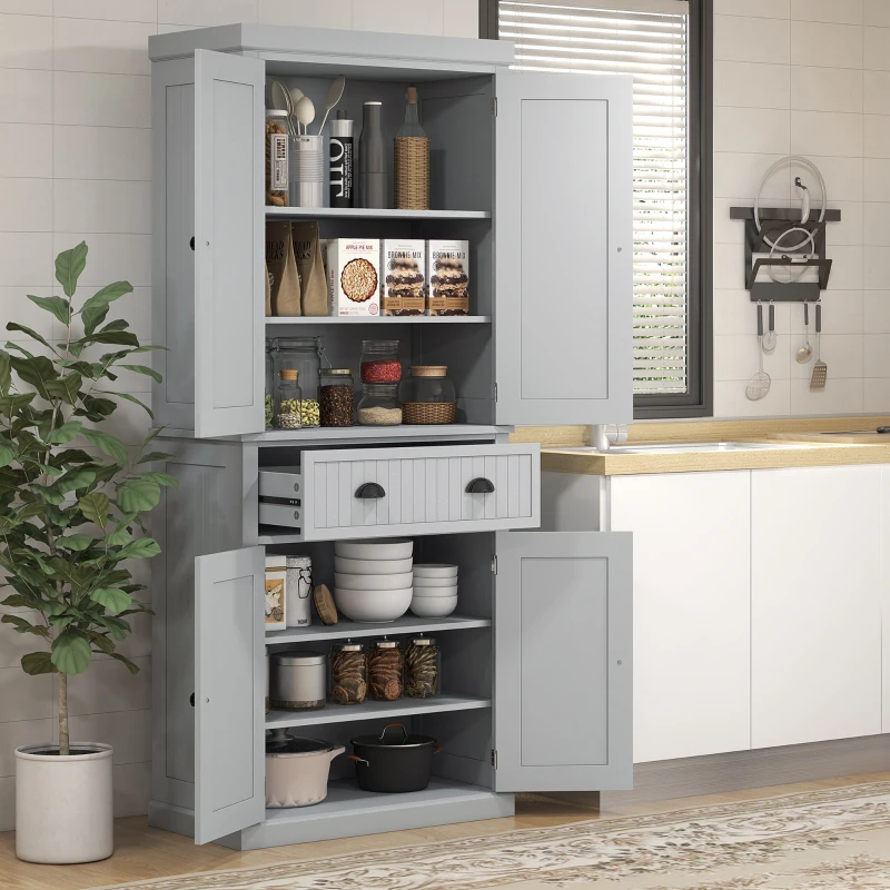 HOMCOM 72" Traditional Freestanding Kitchen Pantry Cabinet Cupboard with Doors and 3 Adjustable Shelves, Gray