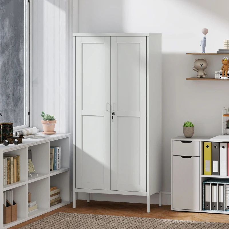 HOMCOM Office Storage Cabinet, Lockable Filing Cabinet with 3 Adjustable Shelves and 2 Doors for Home Office, Garage, White