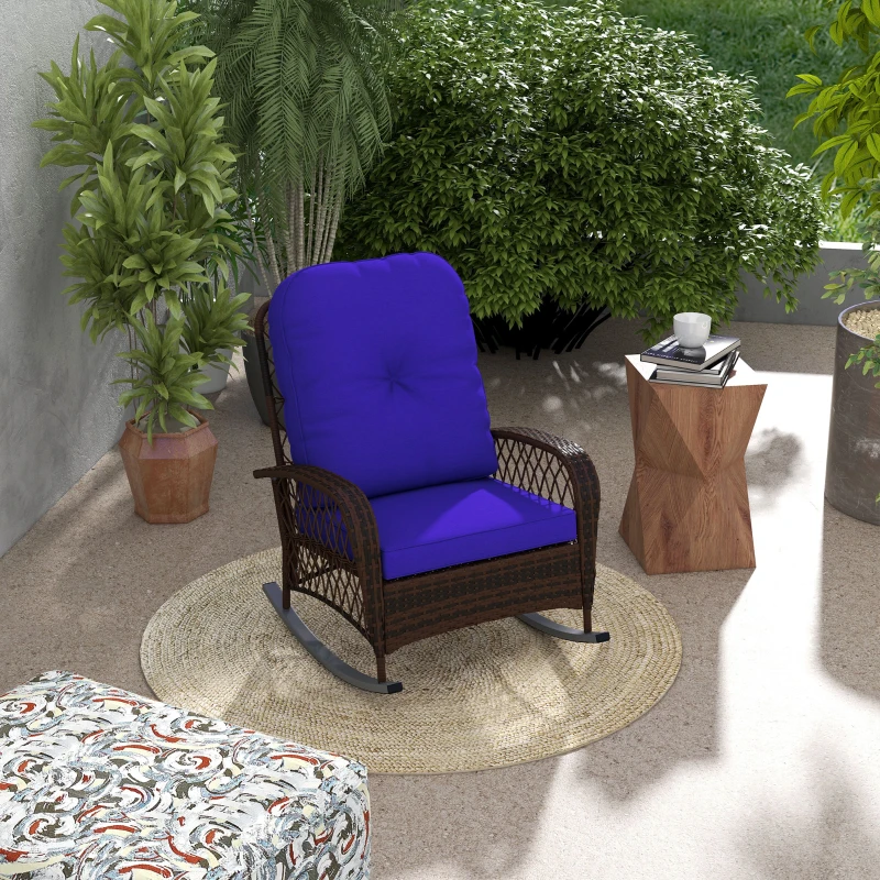 Outsunny Rattan Porch Rocker w/ Plush Cushion, Dark Blue