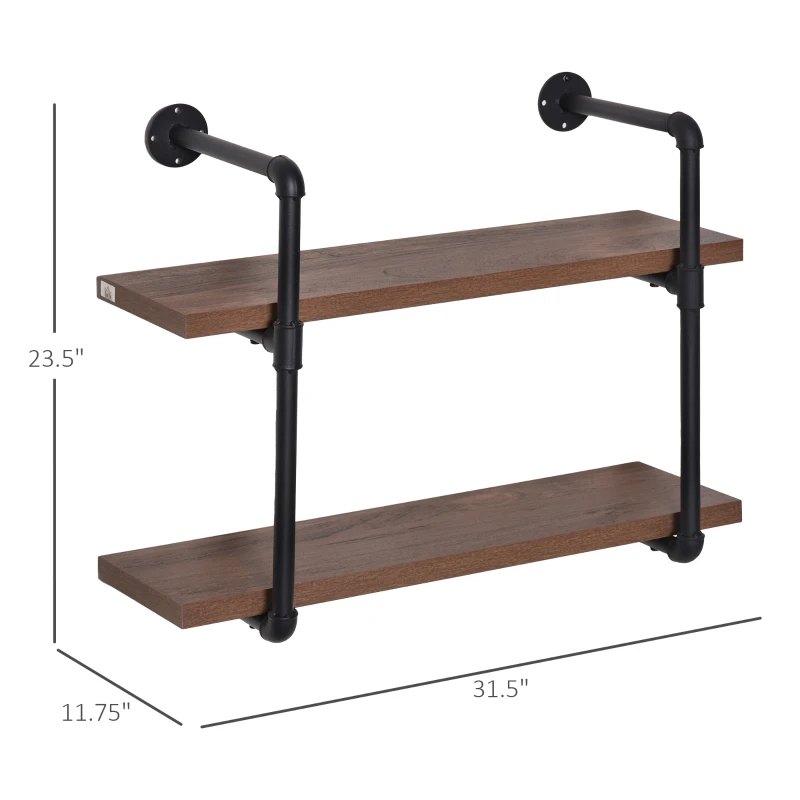 HOMCOM 2-Tier Industrial Pipe Shelves, Floating Wall Mounted Bookshelf, Metal Frame Display Rack for Living Room or Bedroom, Rustic Brown