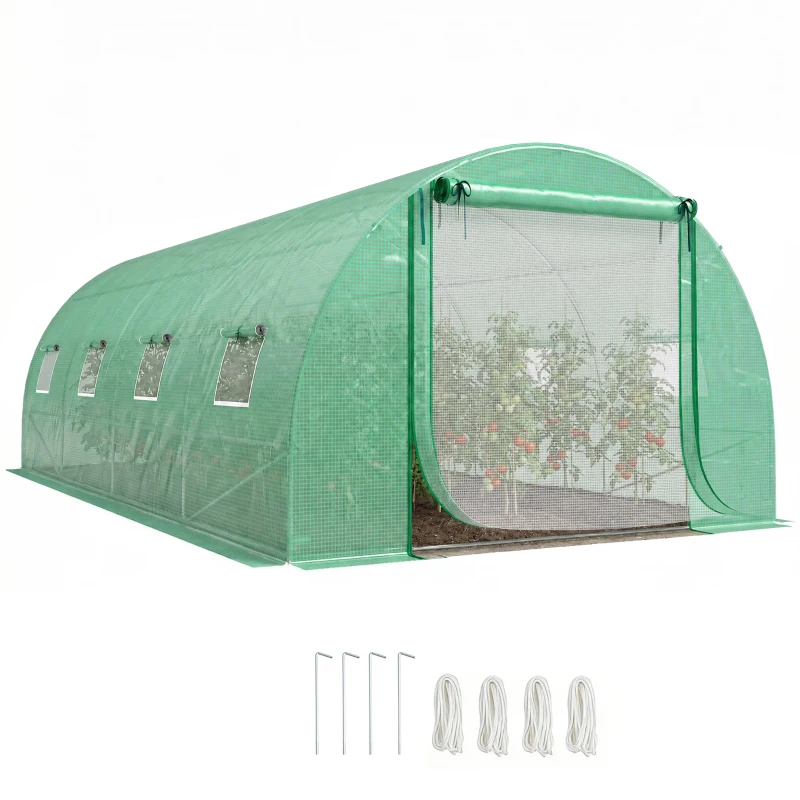 Outsunny Walk-in Tunnel Greenhouse with 2 Support Rods, Mesh Door, Plant Hot House with PE Cover, 20'x10'x7', Green