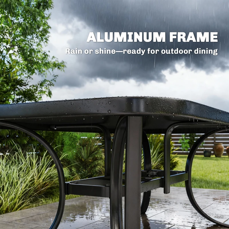 Outsunny Outdoor Dining Table for 6 with Umbrella Hole, Metal Patio Dining Table with Tempered Glass Top
