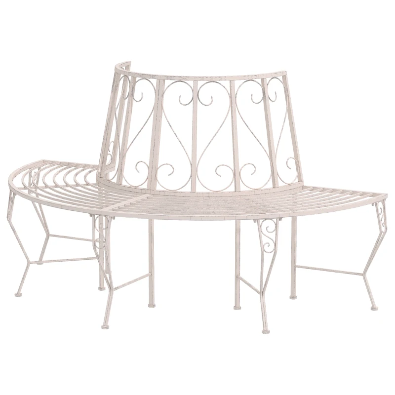 Outsunny Garden Half Round Tree Bench Antique 4-Seat Semi-circular Bench for Backyard, Park, Party, White