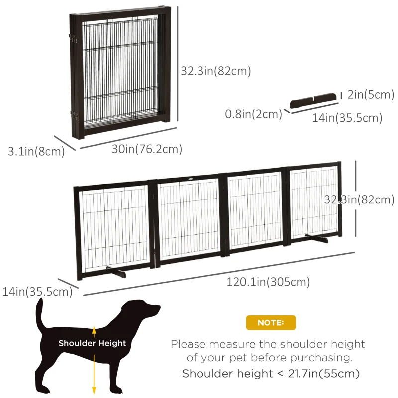 PawHut Wooden Dog Gate for Small & Medium Dogs 4 Panel w/ Support Feet Foldable Pet Fence for House Doorway Coffee