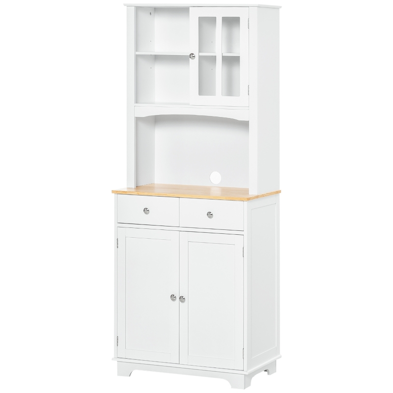 HOMCOM Freestanding 67" Kitchen Buffet with Hutch, Pantry Cabinet with Microwave Stand, Adjustable Shelf, 2 Drawers, Cupboard, White