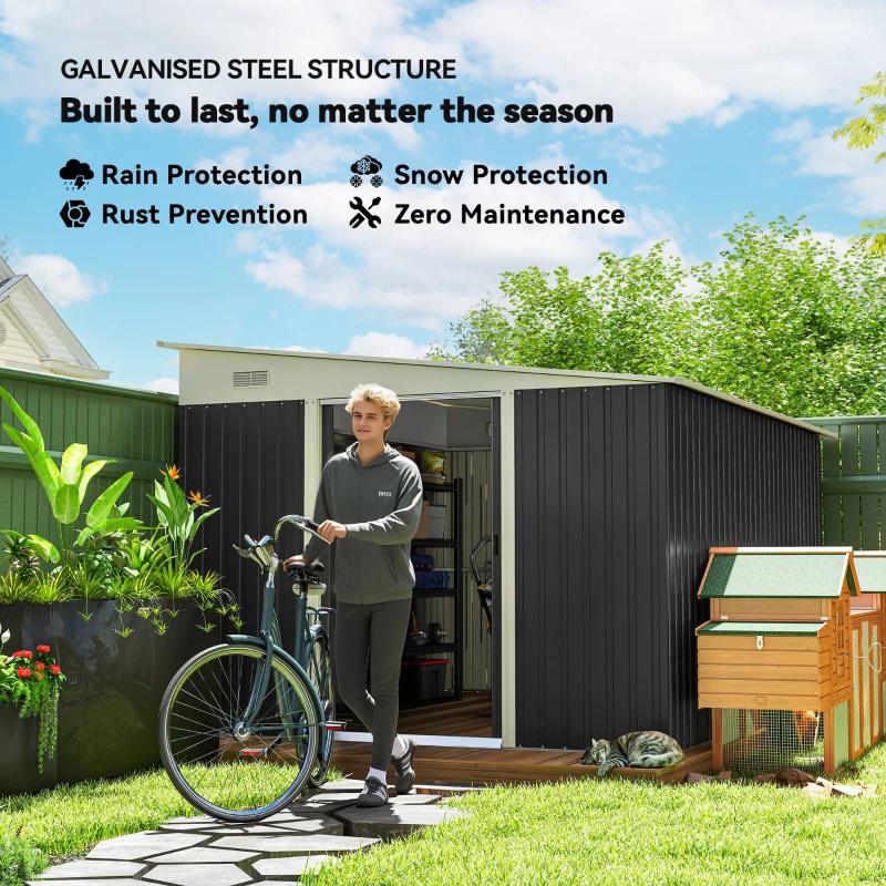 Outsunny 11' x 9' Steel Garden Storage Shed, Outdoor Metal Tool House with Double Sliding Doors, Dark Grey