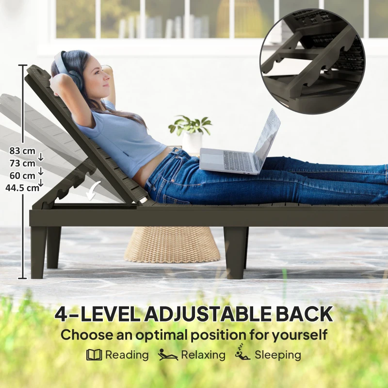 Outsunny Outdoor Lounge Chair Set of 2, Waterproof Resin Lounge Chairs with 4-Position Adjustable Backrest for Backyard, Black