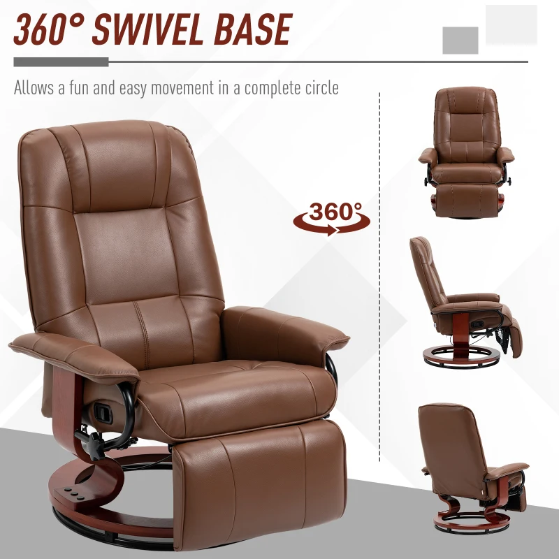 HOMCOM Air Leather Manual Recliner, Adjustable Swivel Lounge Chair with Footrest, Armrest and Wrapped Wood Base, Brown