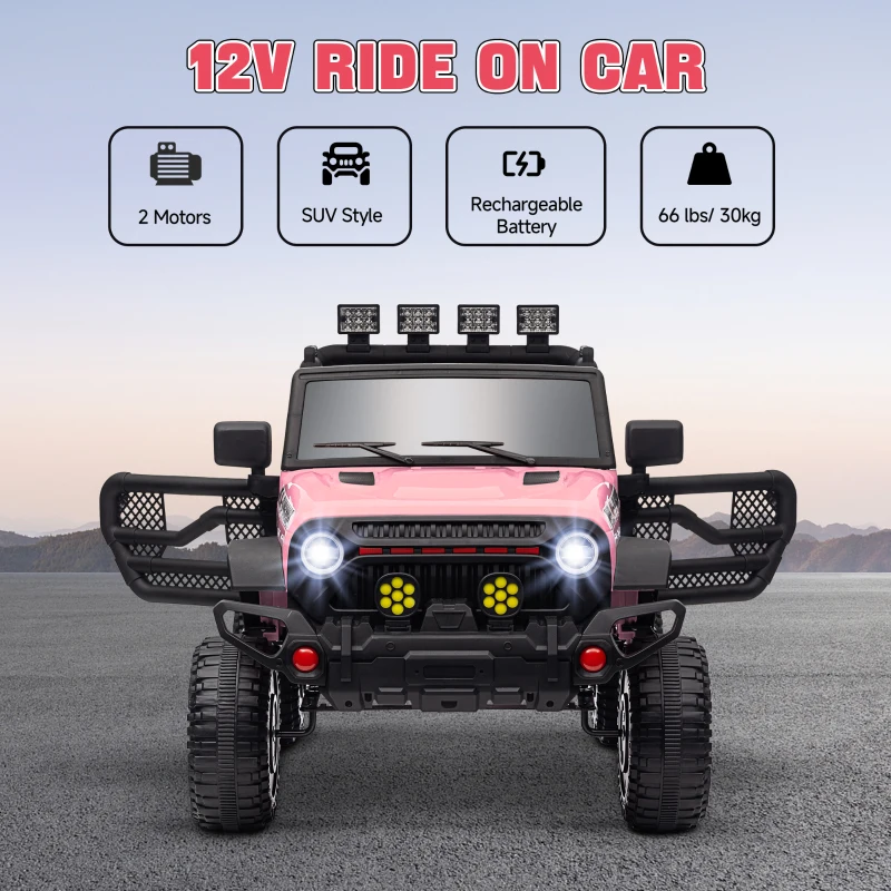 Qaba 12V Battery Powered Ride on Car, Ride on Truck w/ Remote, 4 Suspension Wheels, Music Horn Lights, Pink