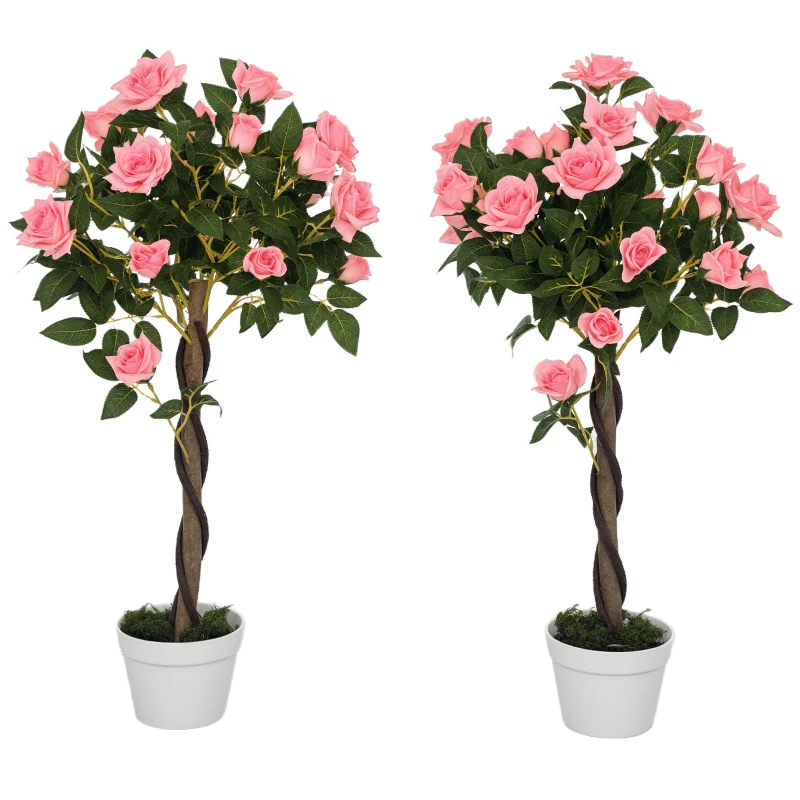 Outsunny 3FT Artificial Plant Pink Rose Floral Set of 2 in Pot, Fake Plant for Home Indoor Decor