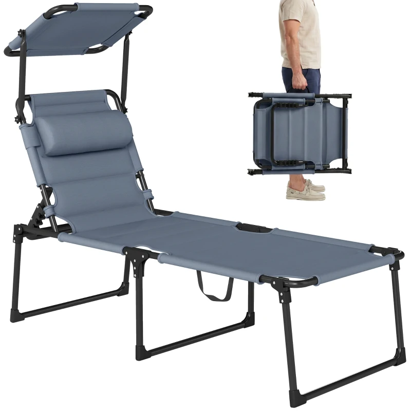 Outsunny Outdoor Lounge Chair, 4 Position Adjustable Backrest, Folding, Cushioned w/ Sun Shade Roof & Pillow, Gray