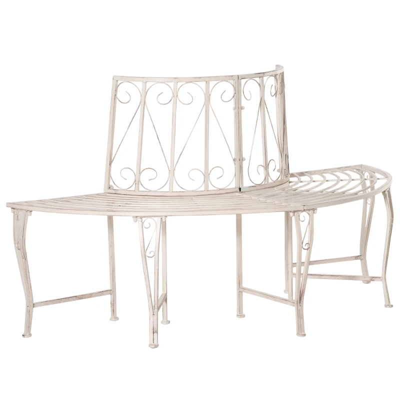 Outsunny Garden Half Round Tree Bench Antique 4-Seat Semi-circular Bench for Backyard, Park, Party, White