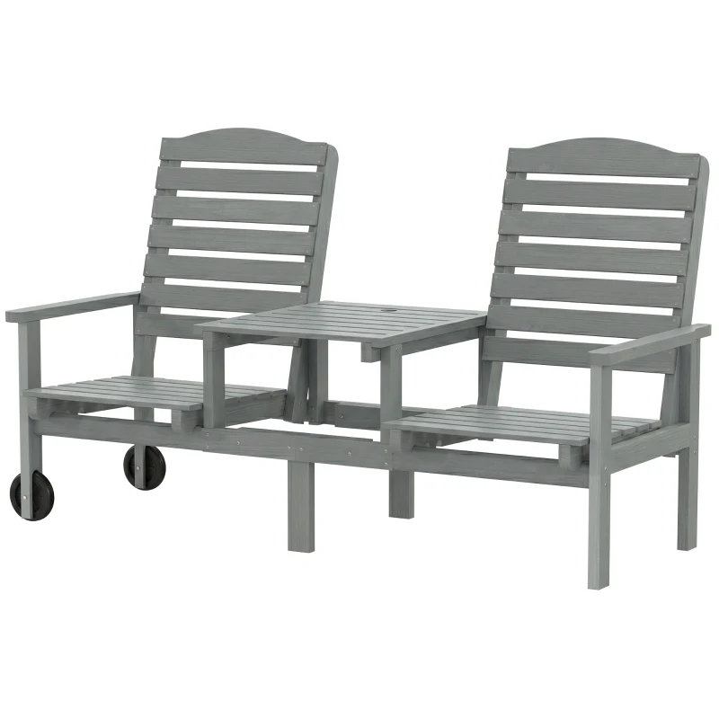 Outsunny Outdoor Bench with Wheels and 3-Position Adjustable High Back, 2 Seater Outdoor Loveseat with Umbrella Hole, Grey