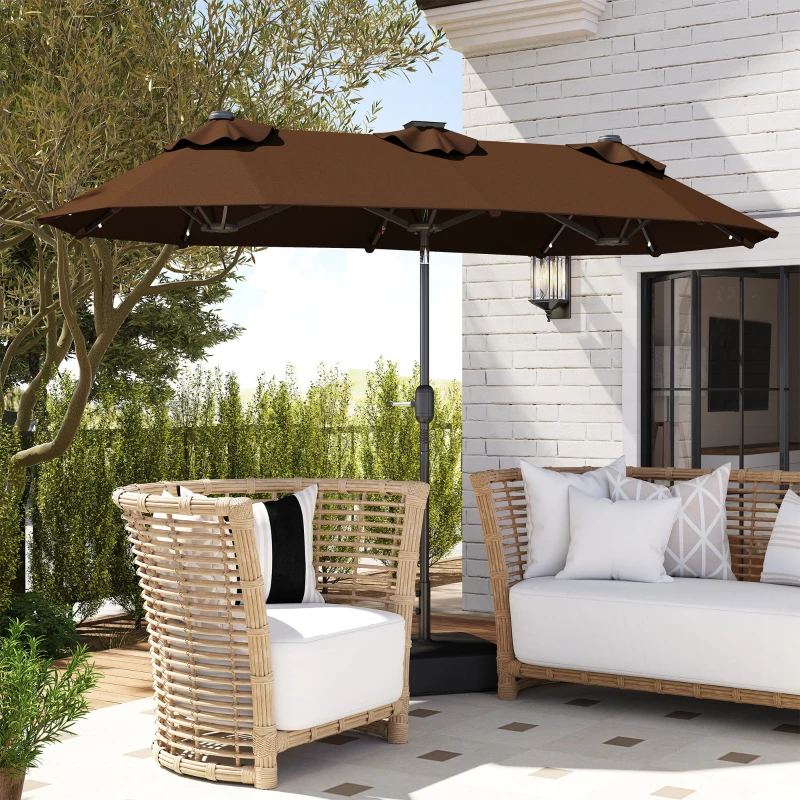 Outsunny 10FT Double-Sided Patio Umbrella with Solar Lights and Sandbag Base, Outdoor Umbrella with Push Button Tilt, Crank, Air Vents for Garden, Backyard, Deck, Pool, Market, Coffee