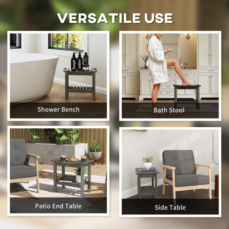 Outsunny HDPE Shower Bench, Waterproof Shower Stool with Handle, Storage Shelf, Non-Slip Pads for Indoor Outdoor, Dark Gray