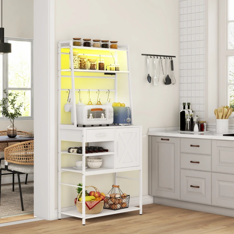 HOMCOM Industrial Kitchen Shelves with Charging Station and LED Lights, Kitchen Storage Rack with Barn Door, White