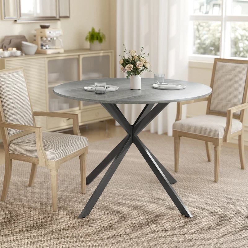 HOMCOM 40" Round Kitchen Table for 4, Industrial Dining Table with Steel Legs for Dining Room, Distressed Grey