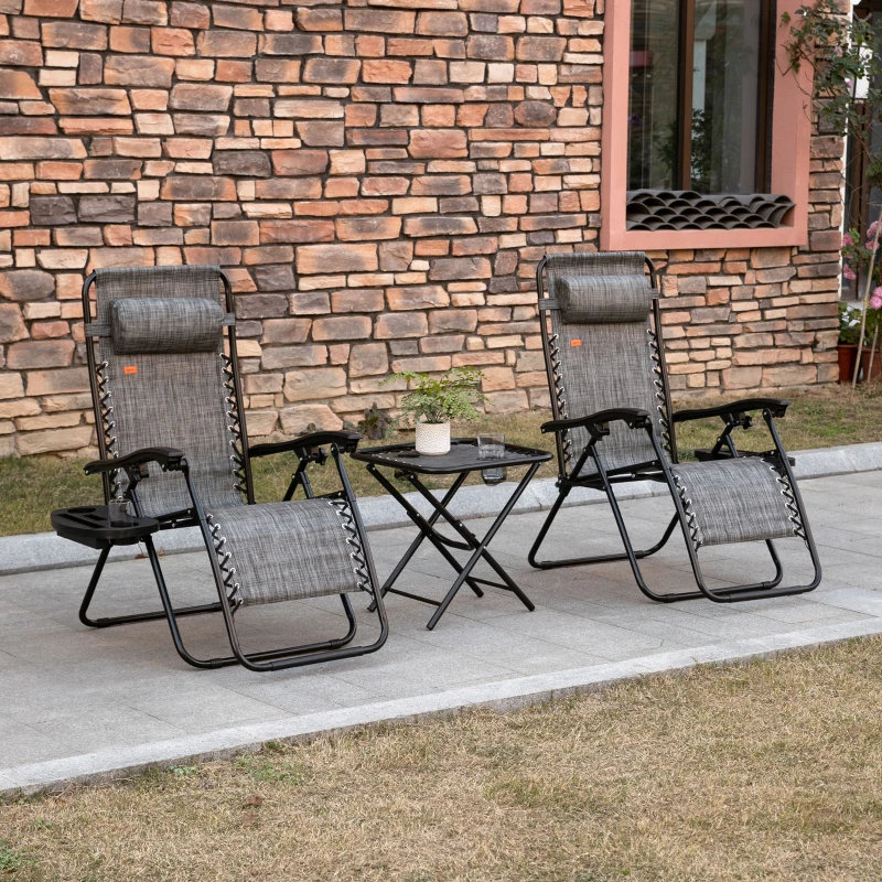 Outsunny Zero Gravity Chair Set with Side Table, Folding Reclining Chair with Cupholders & Pillows, Gray